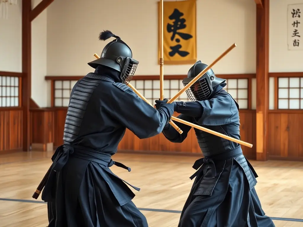 A focused image of Kendo practitioners in full gear, engaged in a spirited sparring match with bamboo swords.