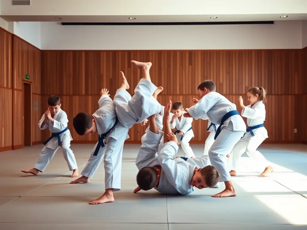 A dynamic image of students practicing judo throws in the dojo, showcasing focus and technique.